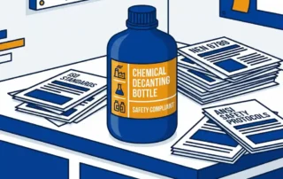 Chemische decanteerflacon op industriële werkbank omringd door internationale normendocumenten zoals ISO, NEN en ANSI.