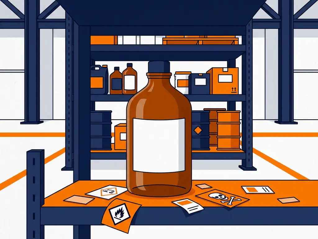 chemische-opslag-gevaarlijke-stoffen-etiket.jpg Industriële opbergplank met chemische containers en een lege fles omringd door losse gevarenpictogrammen en labelonderdelen.