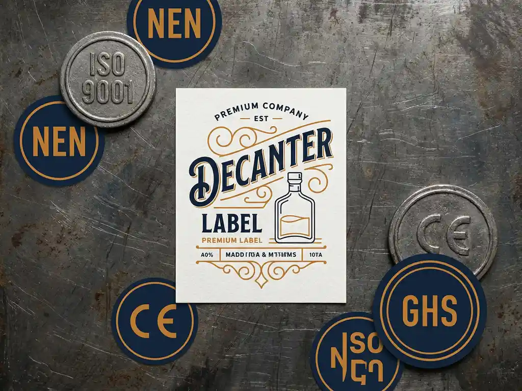 decanter-label-certificering-compliance-stempels.jpg Decanteeretiketten op een verouderd stalen werkblad, omringd door gegraveerde certificeringsmedailles in ISO-, CE- en GHS-stijl.
