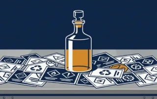Glazen decanteerfles op stalen werkbank, omringd door labelbladen met ISO- en NEN-normsymbolen in marineblauw en amber.