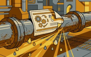 Polyester label die loslaat op gecorrodeerde metalen pijp, omgeven door chemische druppels en scherpe UV-lichtstralen in industriële omgeving.