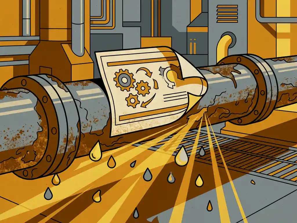 polyester-label-corrosie-metaal-industrie.jpg Polyester label die loslaat op gecorrodeerde metalen pijp, omgeven door chemische druppels en scherpe UV-lichtstralen in industriële omgeving.