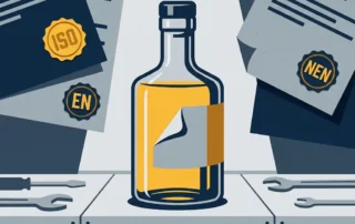 Glazen decanteerfles op industriële werkbank omringd door ISO-, NEN- en EN-normdocumenten met polyesterlabel op de fles.