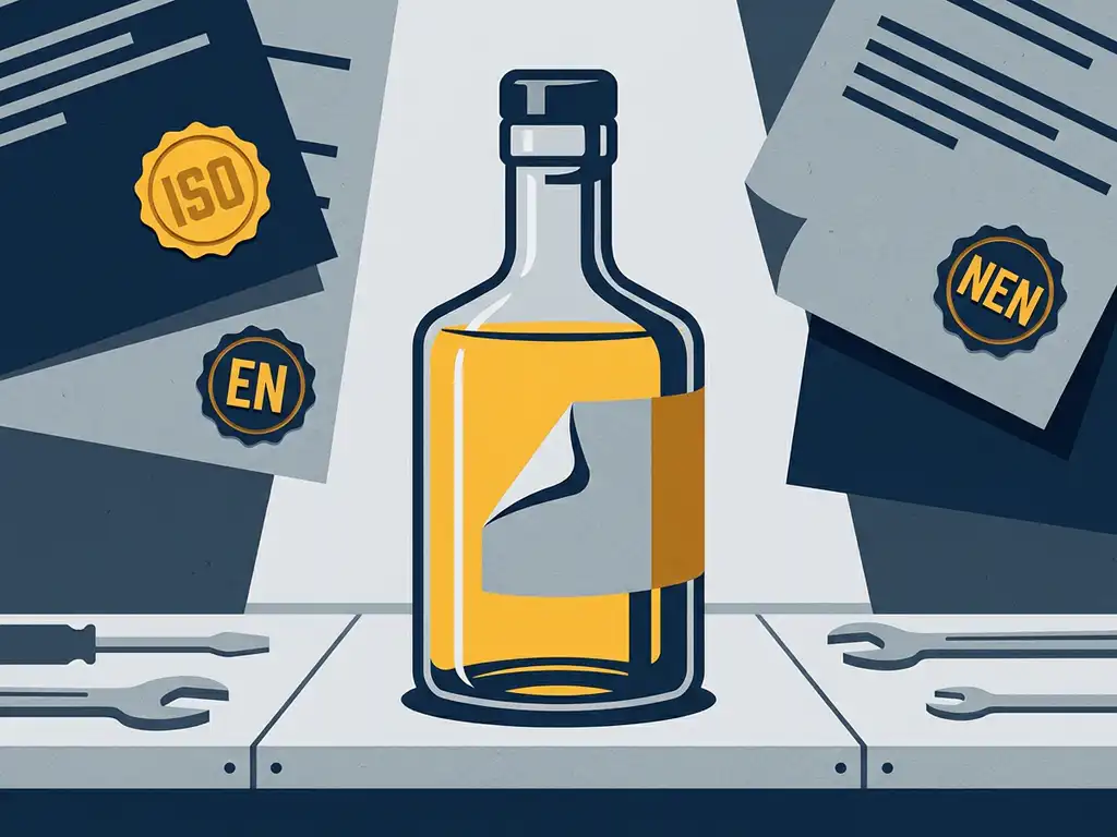 etikettering-fles-compliance-normen-industrie.jpg Glazen decanteerfles op industriële werkbank omringd door ISO-, NEN- en EN-normdocumenten met polyesterlabel op de fles.