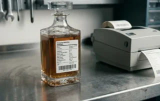 Glazen decanteerkaraf met amberen vloeistof en chemisch bestendige polyester etiket op stalen werkoppervlak naast etiketprinter.