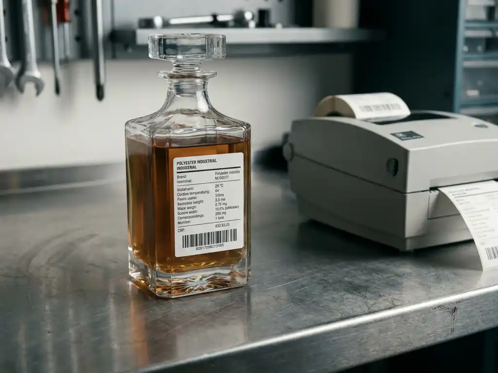 etiketprinter-decanter-laboratorium-staal.jpg Glazen decanteerkaraf met amberen vloeistof en chemisch bestendige polyester etiket op stalen werkoppervlak naast etiketprinter.