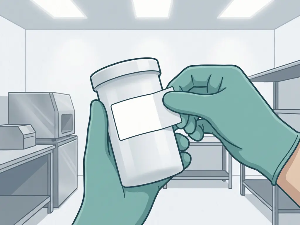 farmaceutisch-etiket-cleanroom-applicatie.jpg Gehandschoende hand die een polyester etiket aanbrengt op een farmaceutische verpakking in een steriele cleanroom.