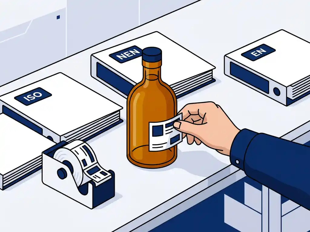 etikettering-fles-compliance-normen-werkbank.jpg Glazen decanteerflacon op industriële werkbank met opengeslagen ISO-, NEN- en EN-normbinders en vers aangebrachte vinyletiketten.