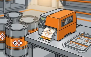 Vers gedrukt gevarenetiket dat uit een industriële labelprinter komt, omringd door chemicaliënvaten met GHS-pictogrammen op een stalen werktafel.