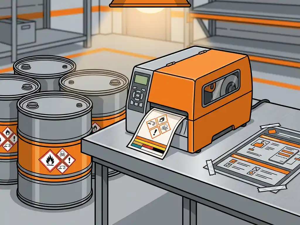 gevaaretiket-printer-chemische-veiligheid.jpg Vers gedrukt gevarenetiket dat uit een industriële labelprinter komt, omringd door chemicaliënvaten met GHS-pictogrammen op een stalen werktafel.