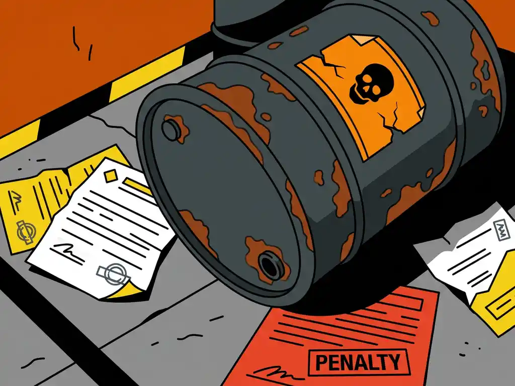 gevaarlijk-chemisch-vat-waarschuwing-label.jpg Verouderd industrieel chemicaliënvat met afbladderende gevaarsticke, boetebericht en nalevingsdocumenten op betonnen magazijnvloer.