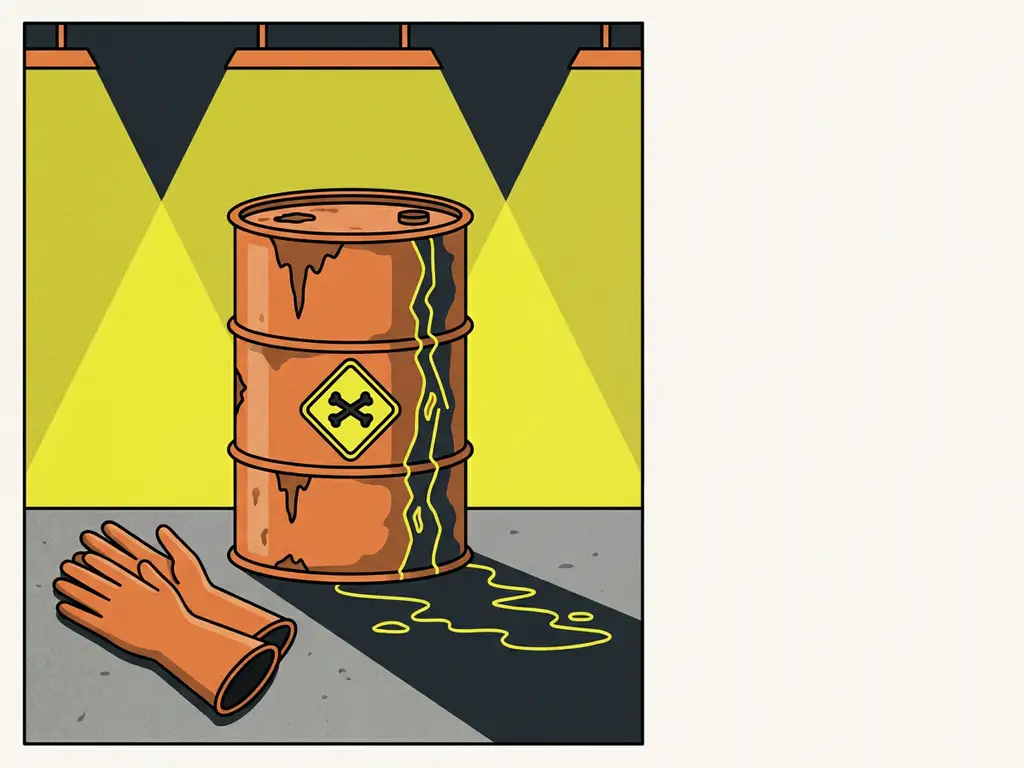gevaarlijke-chemische-lekkage-drum-waarschuwing.jpg Gecorrodeerd metalen vat lekt bijtende vloeistof op betonvloer, met diamantvormig gevarenetiket en chemisch bestendige handschoenen ernaast.