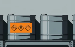 Industriële chemische vaten op metalen magazijnplank: één met GHS-gevaarsymbolen, één volledig ongelabeld.