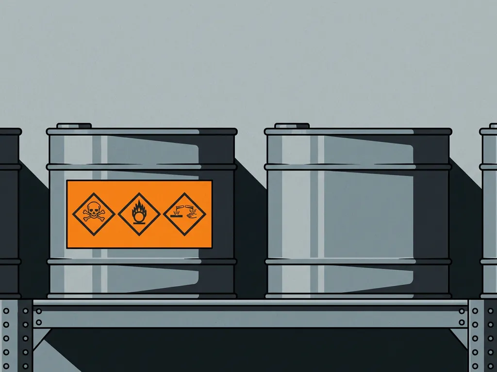 gevaarlijke-chemische-containers-etikettering-opslag.jpg Industriële chemische vaten op metalen magazijnplank: één met GHS-gevaarsymbolen, één volledig ongelabeld.