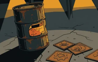 Verroest chemisch vat met afbladderende gevarenlabel, omringd door ISO-, NEN- en GHS-symbolen op metalen plaquettes op betonnen magazijnvloer.