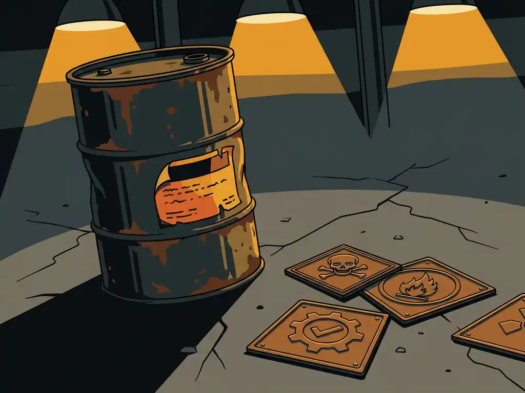 gevaarlijke-chemische-drum-etiket-compliance.jpg Verroest chemisch vat met afbladderende gevarenlabel, omringd door ISO-, NEN- en GHS-symbolen op metalen plaquettes op betonnen magazijnvloer.