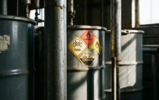 GHS-gevaarsetiketten met corrosief, ontvlambaar en giftig symbolen op industriële metalen vaten in een verwerkingsinstallatie.
