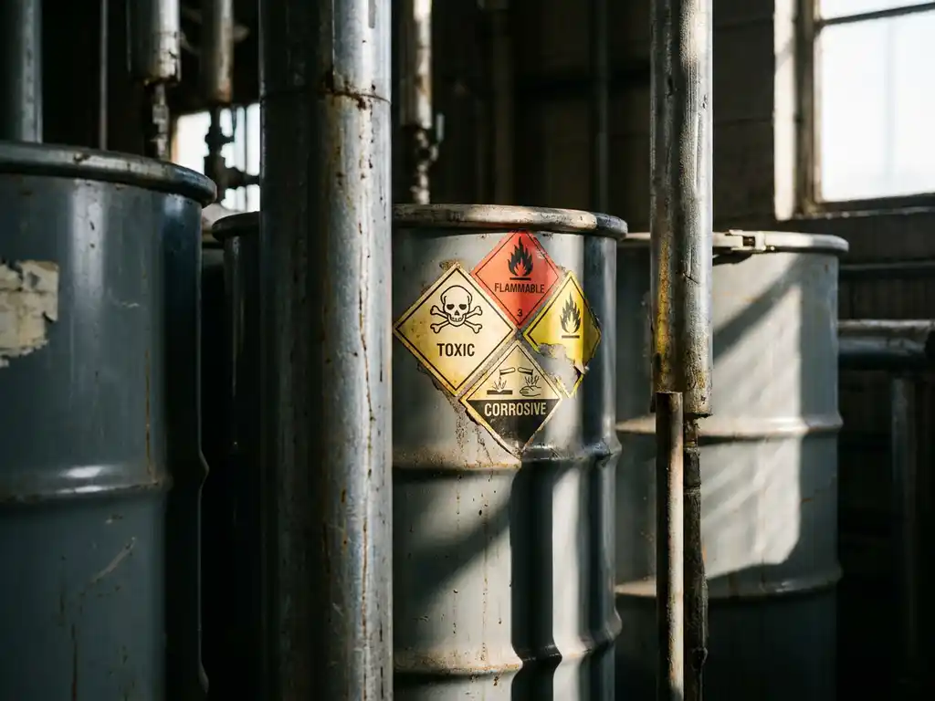 gevaarlijke-chemische-labels-industriele-vaten.jpg GHS-gevaarsetiketten met corrosief, ontvlambaar en giftig symbolen op industriële metalen vaten in een verwerkingsinstallatie.