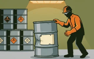 Magazijnmedewerker met veiligheidshandschoenen bij chemisch vat met afbladderd etiket, gevaarssymbolen op omliggende containers.