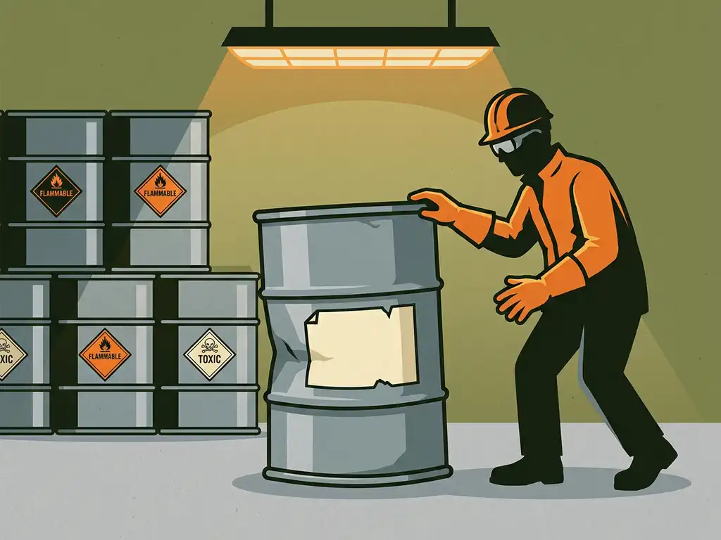 gevaarlijke-drum-ongelabeld-magazijn-veiligheid.jpg Magazijnmedewerker met veiligheidshandschoenen bij chemisch vat met afbladderd etiket, gevaarssymbolen op omliggende containers.