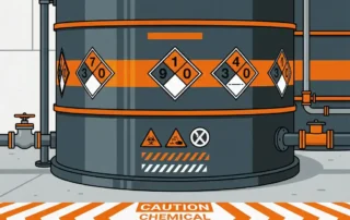 Grote industriële opslagtank met oranje en zwarte gevarendiamant-etiketten op betonnen vloer van chemische faciliteit.