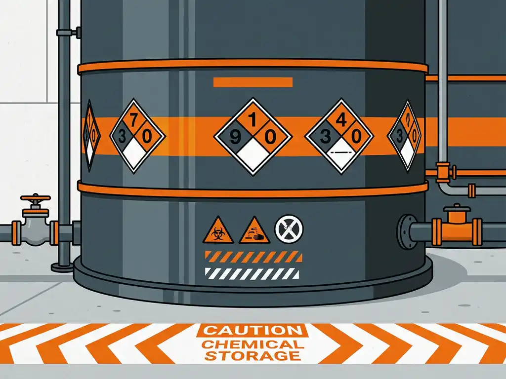 gevaarlijke-opslag-tank-industrieel-chemisch.jpg Grote industriële opslagtank met oranje en zwarte gevarendiamant-etiketten op betonnen vloer van chemische faciliteit.