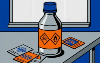 Chemische decanteerflacon met GHS-compliant gevarenlabel op roestvrijstalen werkbank, omringd door ISO-, NEN- en CLP-referentiekaarten.