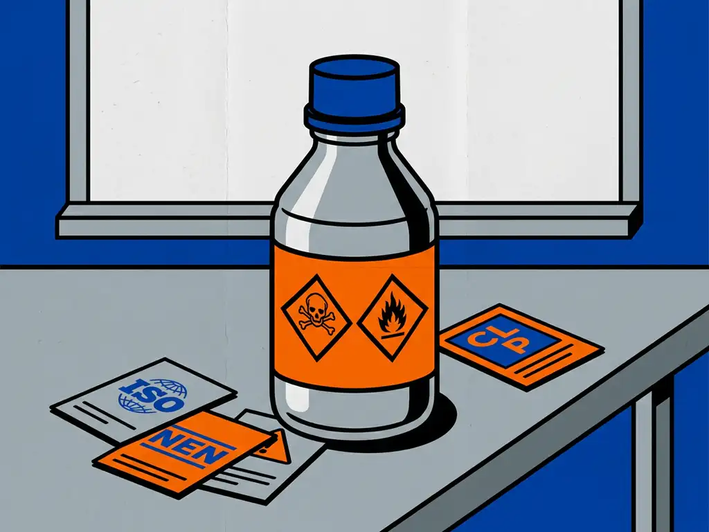gevaarlijke-stof-decantfles-ghs-label.jpg Chemische decanteerflacon met GHS-compliant gevarenlabel op roestvrijstalen werkbank, omringd door ISO-, NEN- en CLP-referentiekaarten.
