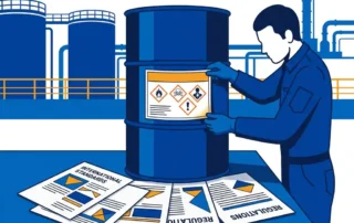 Chemisch vat met GHS-gevarenLabel met waarschuwingssymbolen in industriële omgeving, internationale normdocumenten eronder.