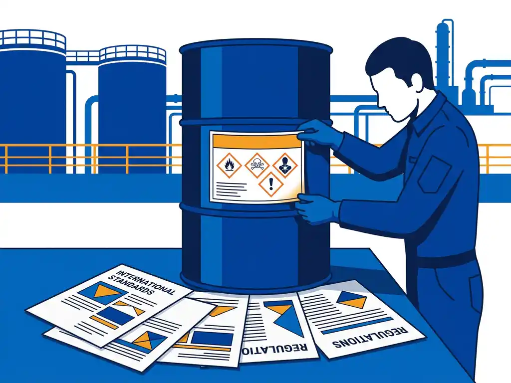 gevaarlijke-stoffen-ghs-etiket-compliance.jpg Chemisch vat met GHS-gevarenLabel met waarschuwingssymbolen in industriële omgeving, internationale normdocumenten eronder.