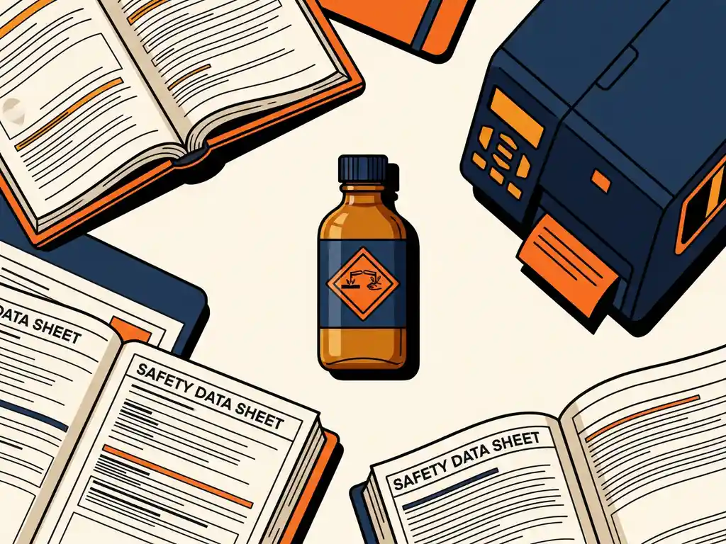 gevaarlijke-stoffen-etikettering-veiligheid.jpg Amber glazen decanteerflacon met gevaarsetiket, omringd door veiligheidsinformatiebladen en labelprinter op werkbankblad.