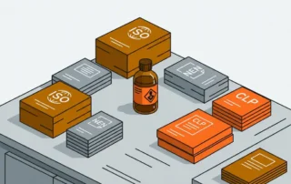 Glazen decantfles met gevarenlabel op industriële werktafel, omringd door ISO-, NEN- en CLP-normdocumenten.