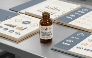 Amber glazen decantfles met gevaarsetiket op industriële werkbank, omringd door open regelgevingsmappen met GHS- en REACH-markeringen.