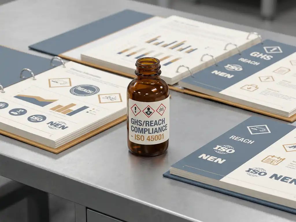 gevaarlijke-stoffen-ghs-compliance-etiket.jpg Amber glazen decantfles met gevaarsetiket op industriële werkbank, omringd door open regelgevingsmappen met GHS- en REACH-markeringen.