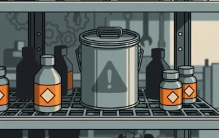Ongelabelde industriële chemicaliëncontainer op metalen werkplaatsplank tussen correct gemarkeerde gevaarlijke stoffen, vlakke vectorillustratie.