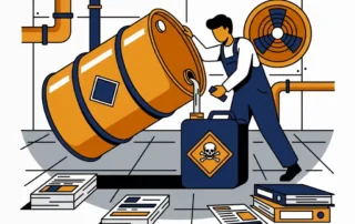 Chemisch vat dat wordt overgeheveld in een industriële container met gevarenlabel, omringd door veiligheidsdocumentatie, vectorillustratie.