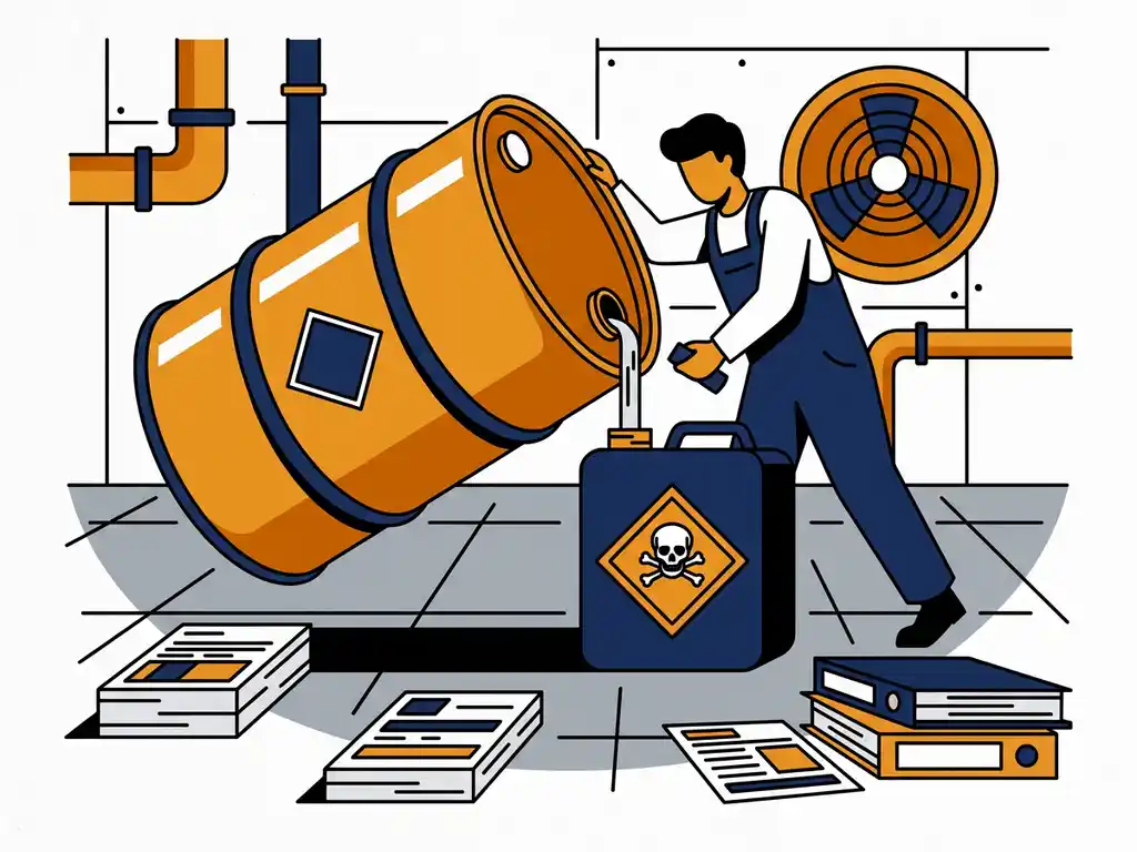 gevaarlijke-stoffen-opslag-veiligheid-etiket.jpg Chemisch vat dat wordt overgeheveld in een industriële container met gevarenlabel, omringd door veiligheidsdocumentatie, vectorillustratie.