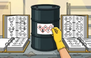 Chemische opslagvat wordt voorzien van nieuw GHS-gevaarsetiket, omringd door open compliance-mappen met CLP- en ISO-symboolbladen op metalen werkbank.