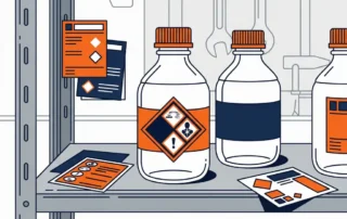 Industriële decanteerflessen op stalen werkplaatsplank met GHS/CLP-gevarendiamanten en ISO-conforme etiketten in veiligheidsoranje en marineblauw.