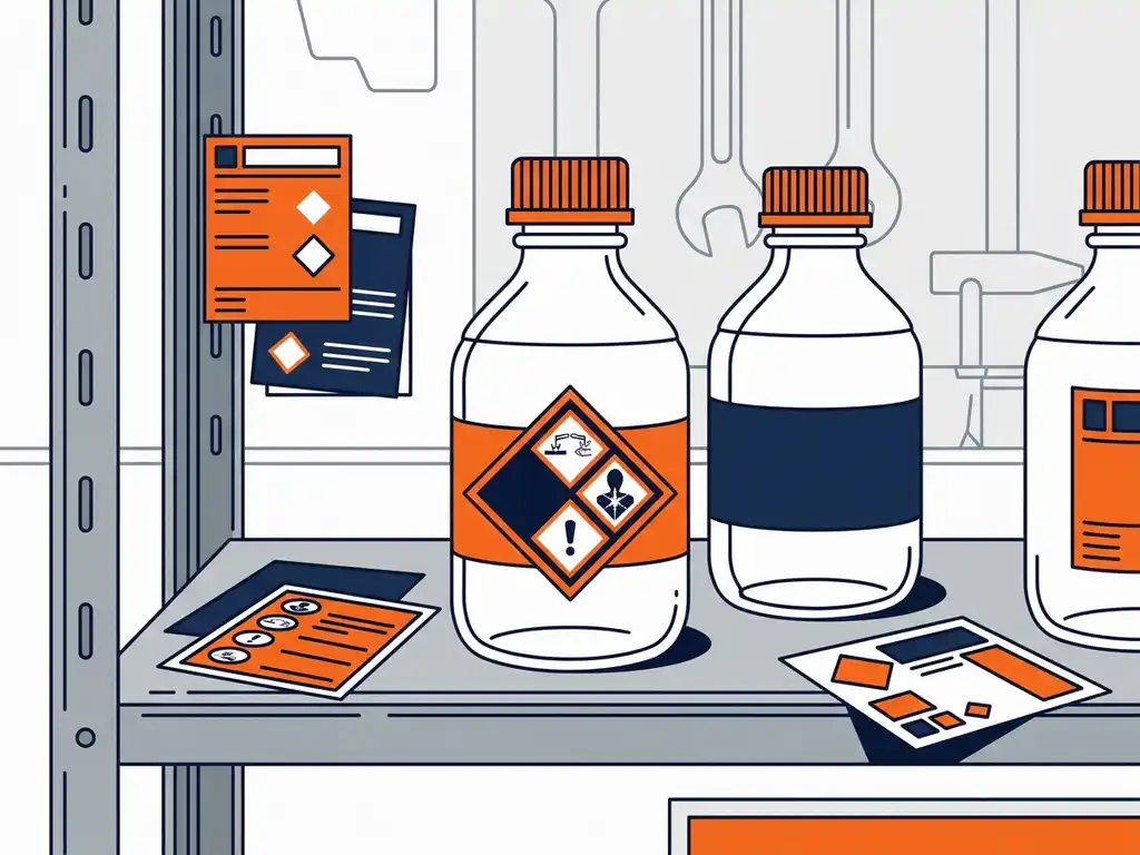 gevaarlijke-stoffen-etiketten-ghs-veiligheid.jpg Industriële decanteerflessen op stalen werkplaatsplank met GHS/CLP-gevarendiamanten en ISO-conforme etiketten in veiligheidsoranje en marineblauw.