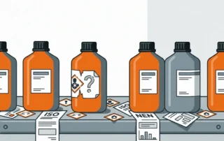 Industriële chemische decanteerflessen op stalen werkplaatsplank, één fles met onvolledige gevarenlabel, omringd door GHS-diamantsymbolen en NEN-compliance sheets.
