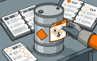 Gehandschoende hand die een GHS-gevaarsetiket op een chemische container plakt, omringd door CLP- en ISO-nalevingsdocumenten op een stalen werkbank.