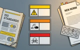 Drie chemische gevarenlabels in geel, oranje en rood op stalen ondergrond, omringd door ISO-normboekje en GHS-pictogramkaart.