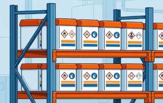 Industriële opslag met identieke chemicaliëncontainers voorzien van GHS-gevaarsymbolen en NEN-kleurcodering in een fabrieksomgeving.