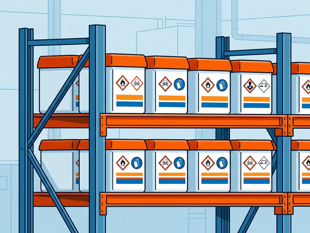 gevaarlijke-stoffen-opslag-veiligheidslabels-fabriek.jpg Industriële opslag met identieke chemicaliëncontainers voorzien van GHS-gevaarsymbolen en NEN-kleurcodering in een fabrieksomgeving.
