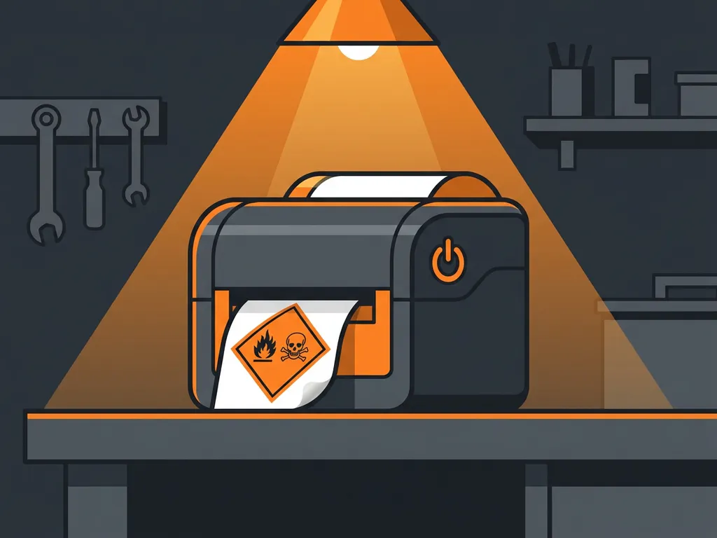 gevarendiamant-label-printer-ghs-sticker.jpg GHS-gevaarslabel met vlam- en doodshoofdpictogram in oranje en zwart, vers geprint op polyester vinyl door industriële labelprinter.