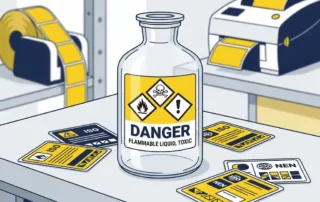 Chemische decanteerflacon met GHS-gevarenlabel op industriële werkbank, ISO/NEN-referentiekaarten en labelprinter op achtergrond.