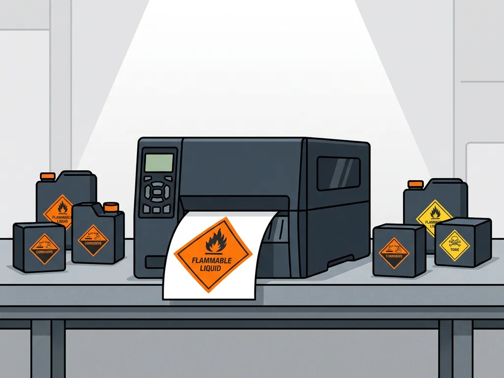 GHS-gevarenlabel dat uit een industriële labelprinter komt op een stalen werkoppervlak, omgeven door chemische containers met waarschuwingssymbolen.