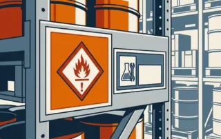 GHS-gevaarslabel in oranje ruitvorm naast grijs-blauw intern identificatielabel op polyester, op industriële opslagplank.