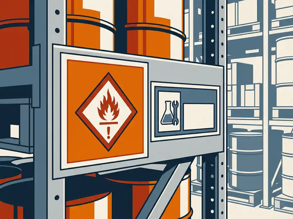 gevaarlijke-stoffen-ghs-labels-opslag.jpg GHS-gevaarslabel in oranje ruitvorm naast grijs-blauw intern identificatielabel op polyester, op industriële opslagplank.